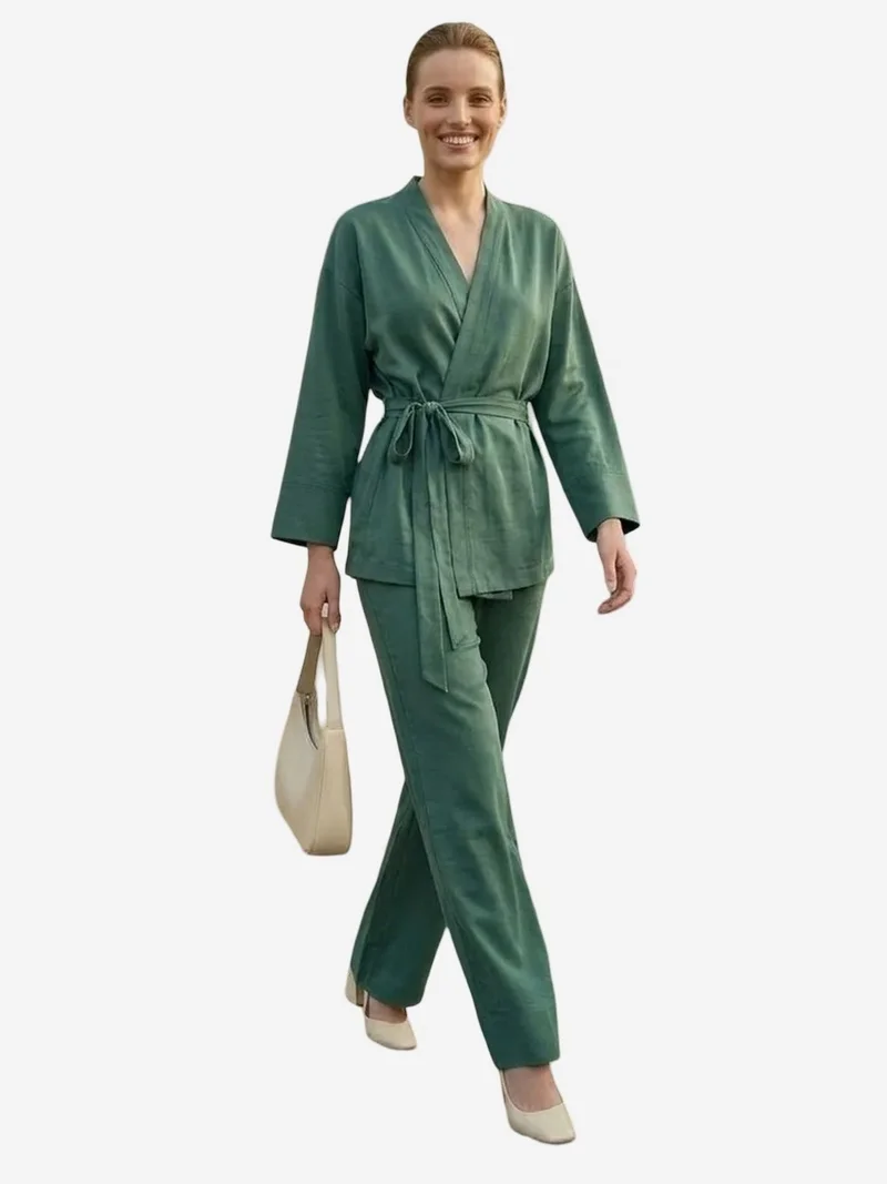 ماي فاشن MY FASHION Belted V-neck Long Sleeve Two-Piece Set