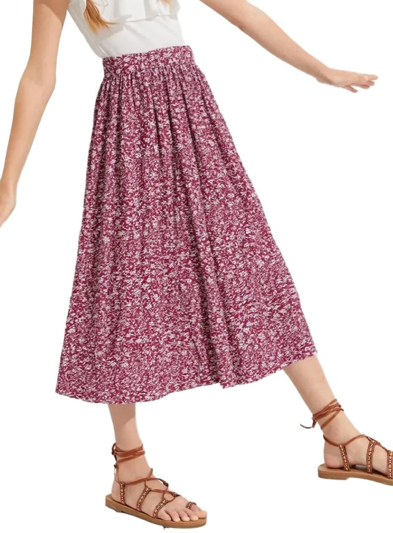 Seechoslo New 6-14 Years Girls Floral Maxi Skirt Boho Flowy A-Line Summer Midi Skirt with Elastic Waist (US, Age, 11 Years, 12 Years, Red) - Image 1
