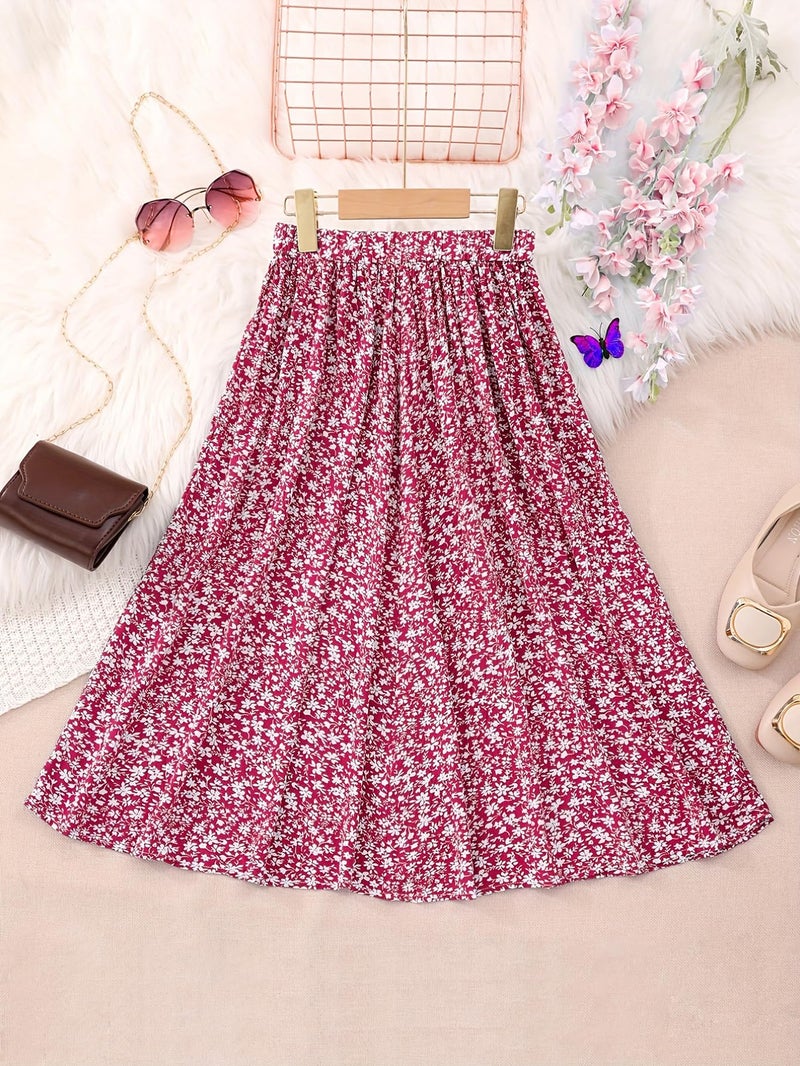 Seechoslo New 6-14 Years Girls Floral Maxi Skirt Boho Flowy A-Line Summer Midi Skirt with Elastic Waist (US, Age, 11 Years, 12 Years, Red) - Image 3