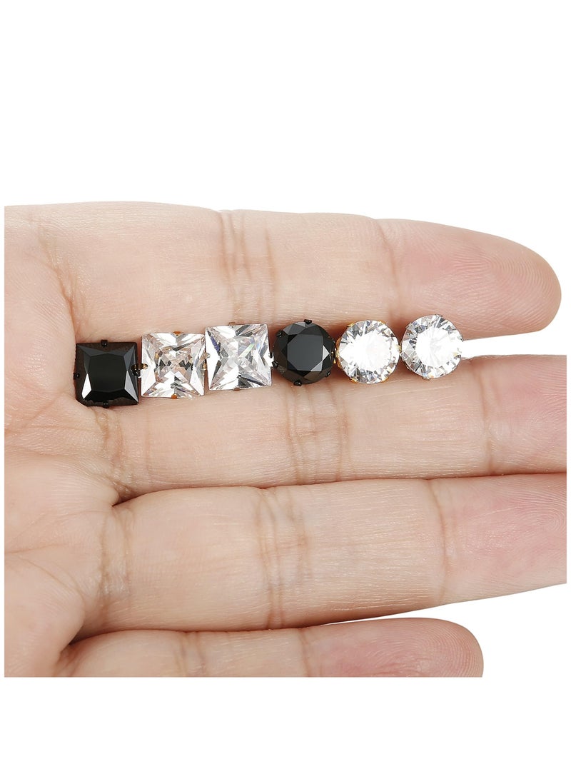 Excefore 6 Pairs Stainless Steel Stud Earrings for Men Silver Gold Black Round Square Earrings Inlaid Cubic Zirconia Men Earrings Stud Earrings for Women Men 4-8MM - Image 3