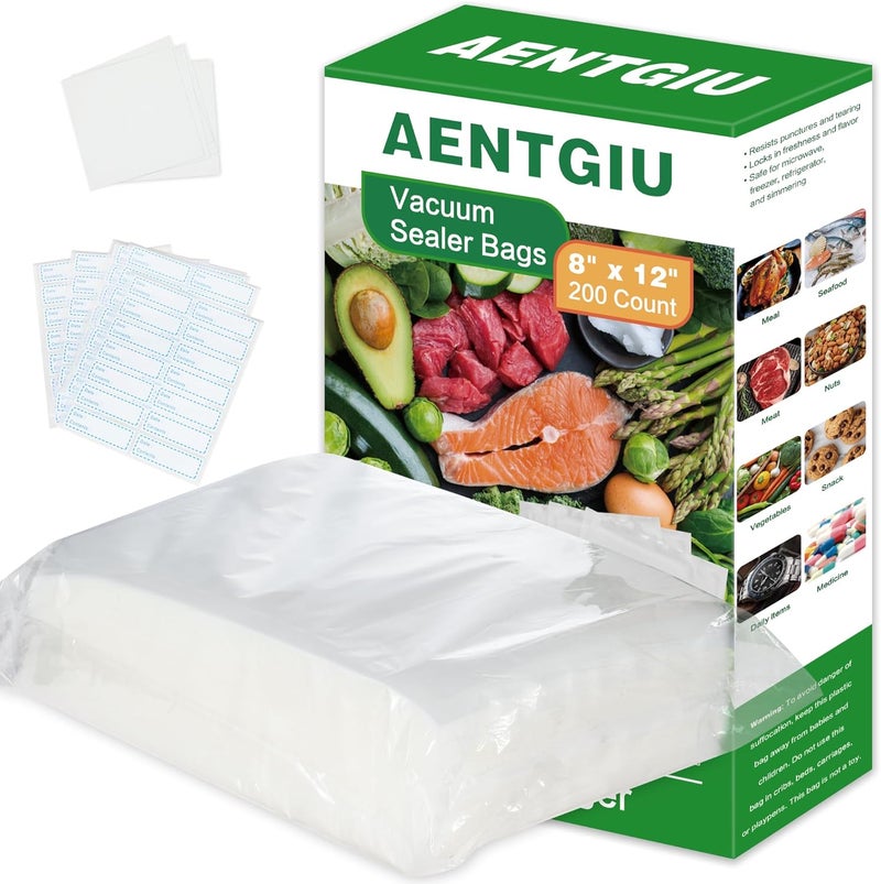 AENTGIU 200 Vacuum Sealer Bags For Food, 8x12 Inch Thick BPA Free Vacuum Sealer Storage Bags, Compatible with All Vac Machines, Food Saver, Seal a Meal, Weston, Commercial Grade Precut Prep Sous Vide Bags - Image 1