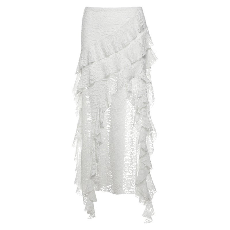 Lotus Leaf Splicing Lace Slimming High Waist Skirt Hot Girl Design Short Skirt New Summer Irregular Cake Long Skirt White lined elastic waist 