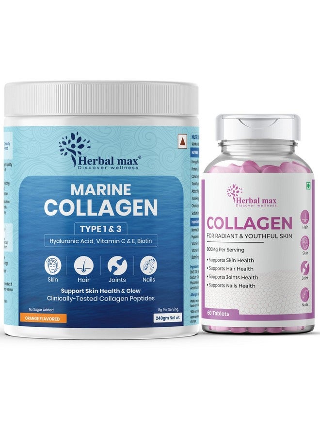Herbal max Hydrolyzed Marine Collagen Supplement and Tablet With Hyaluronic Acid, Vitamin C & E, Biotin Supports Healthy Skin, Hair, Nails, Bone & Joint | Type I, II, and III Collagen Peptides |