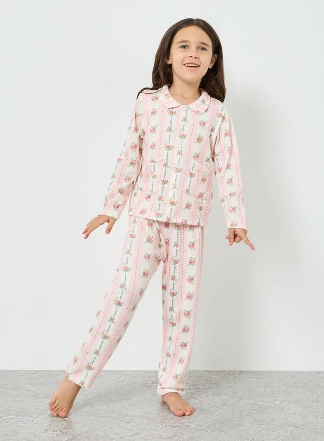 Styli Girls Pink Floral Print Long Sleeve Shirt and Pyjama Set