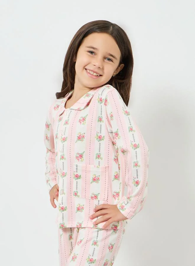 Styli Girls Pink Floral Print Long Sleeve Shirt and Pyjama Set