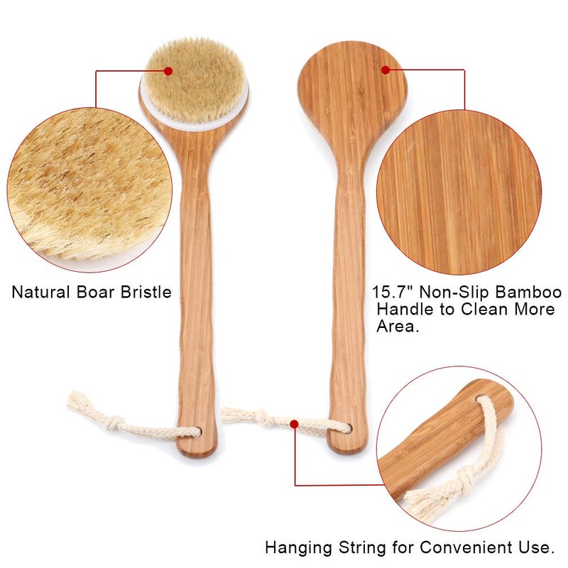 Lauliven Shower Brush with Natural Bristle Long Bamboo Handle Bath Body Brush for Wet or Dry Brushing Improves Blood Circulation Exfoliating Skin - Image 2