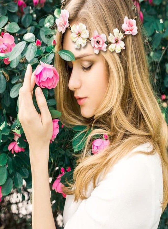 هانسامو تاج زهور هانسامو للنساء والفتيات، عصابات رأس مزينة بالزهور، شريط مطاطي، غطاء رأس خيالي للعرائس ووصيفات العروس لحفلات الزفاف والشاطئ (وردي (عبوة من 6 قطع)، مقاس متوسط) - Image 5