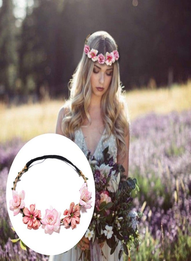 هانسامو تاج زهور هانسامو للنساء والفتيات، عصابات رأس مزينة بالزهور، شريط مطاطي، غطاء رأس خيالي للعرائس ووصيفات العروس لحفلات الزفاف والشاطئ (وردي (عبوة من 6 قطع)، مقاس متوسط) - Image 4