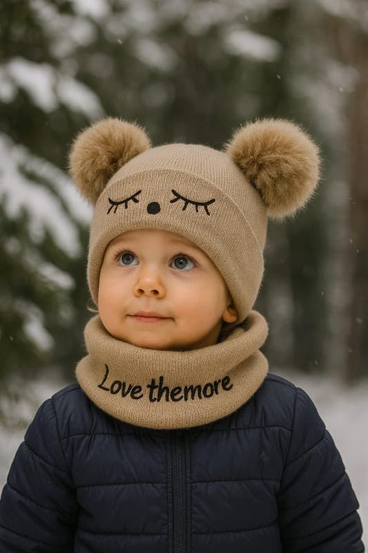 Krystle Toddler Knit Beanie and Scarf Set – Winter Warm Baby Hat with Pom Poms & Cozy Neck Warmer for Boys & Girls (Brown,6 Months-3 Years) - Image 2