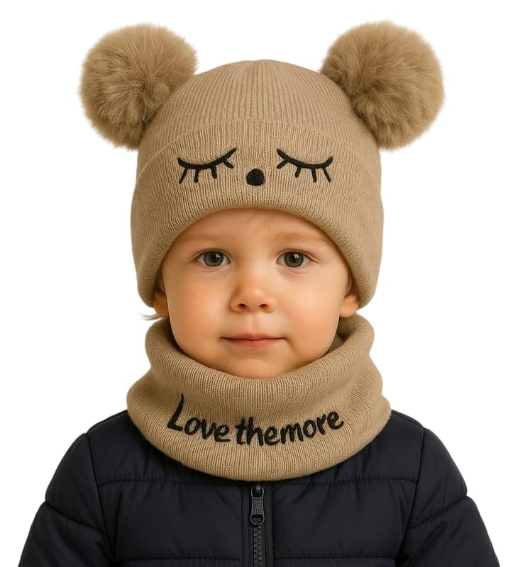 Krystle Toddler Knit Beanie and Scarf Set – Winter Warm Baby Hat with Pom Poms & Cozy Neck Warmer for Boys & Girls (Brown,6 Months-3 Years) - Image 5