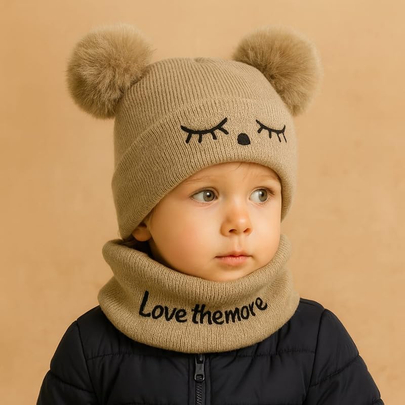 Krystle Toddler Knit Beanie and Scarf Set – Winter Warm Baby Hat with Pom Poms & Cozy Neck Warmer for Boys & Girls (Brown,6 Months-3 Years) - Image 3