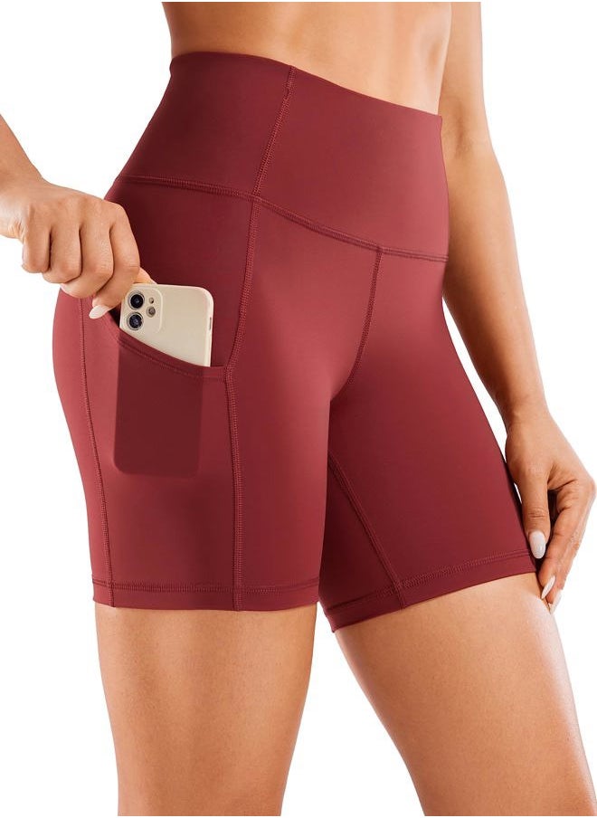 CRZ YOGA Women's Naked Feeling Light Running Shorts with Pockets 6'' - High Waisted Compression Gym Biker Shorts Deep Wine Small  - Image 1
