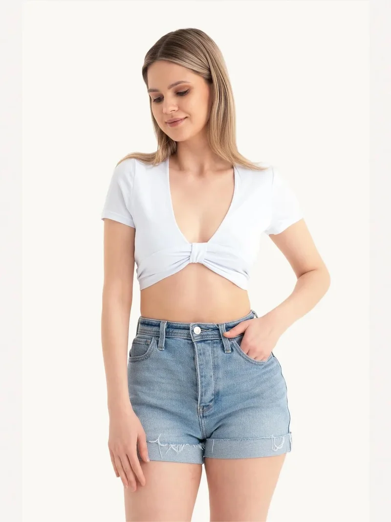 Deep V Neck Knot Front Cap Sleeve Crop Top