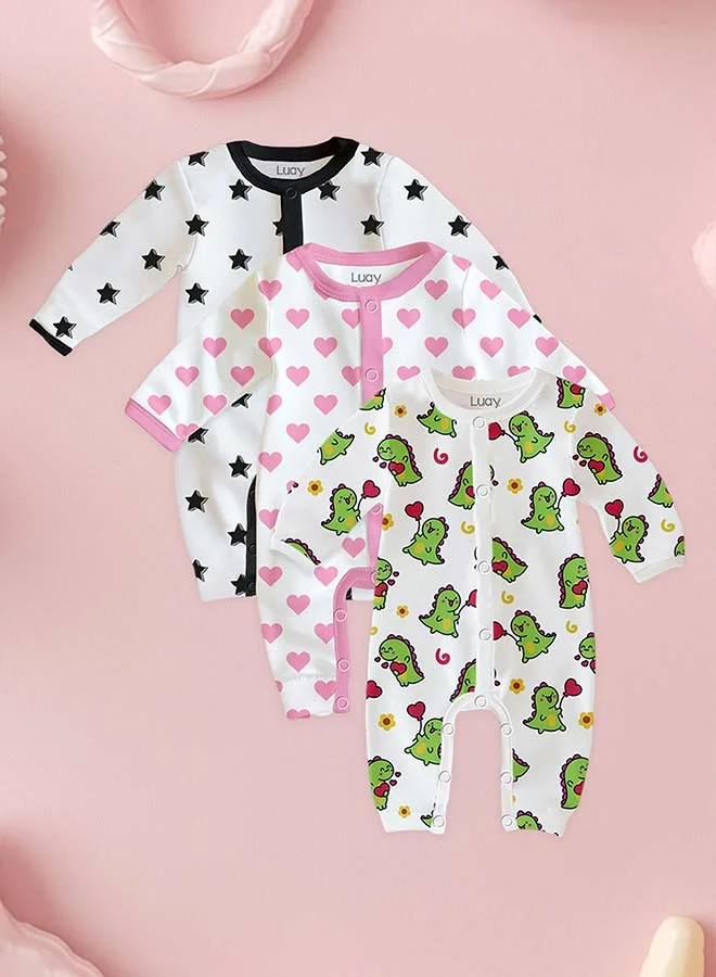 لؤي 100% Cotton Full Sleeves Baby Printed Romper,Sleepsuit for Baby Girls & Boys,_(Pack of 3) 0-3 M