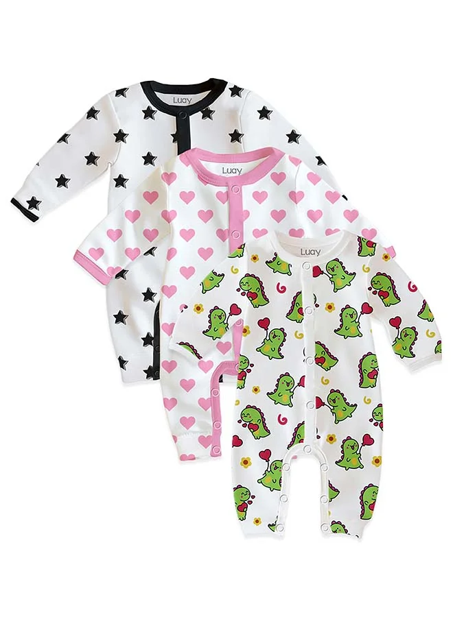 لؤي 100% Cotton Full Sleeves Baby Printed Romper,Sleepsuit for Baby Girls & Boys,_(Pack of 3) 0-3 M