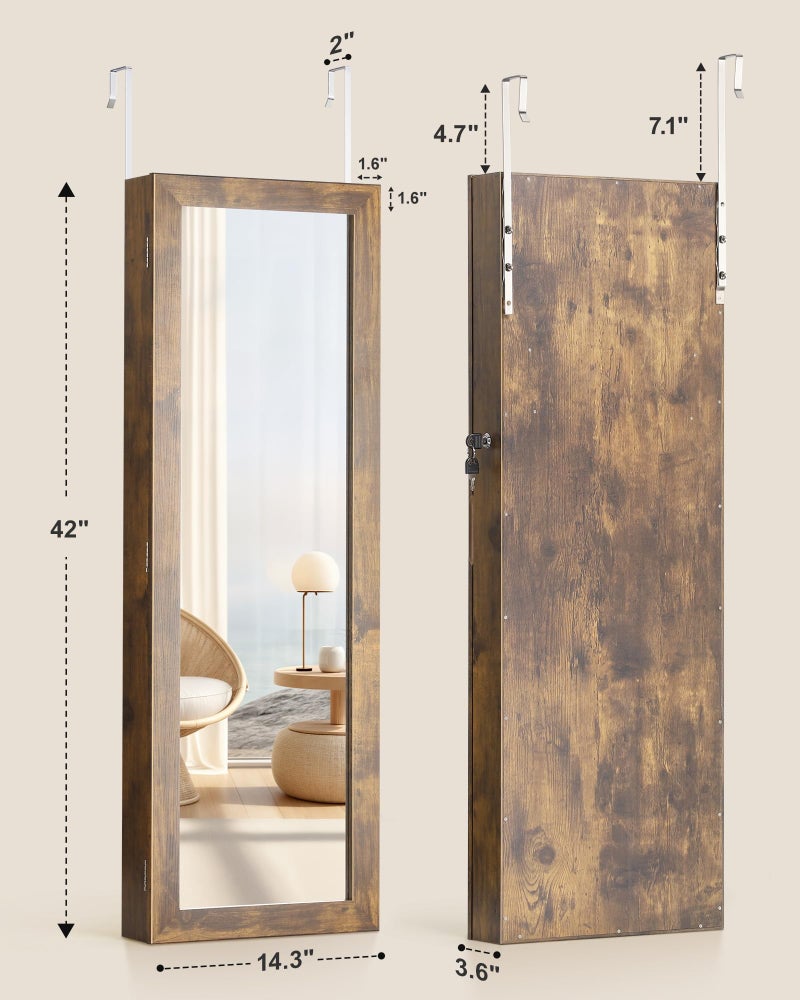 Nicetree 6 LEDs Mirror Jewelry Cabinet with 3 Improvements, 4.2" D Door/Wall Mounted Jewelry Armoire with Full Length Mirror, Larger Capacity, Rustic Brown - Image 5