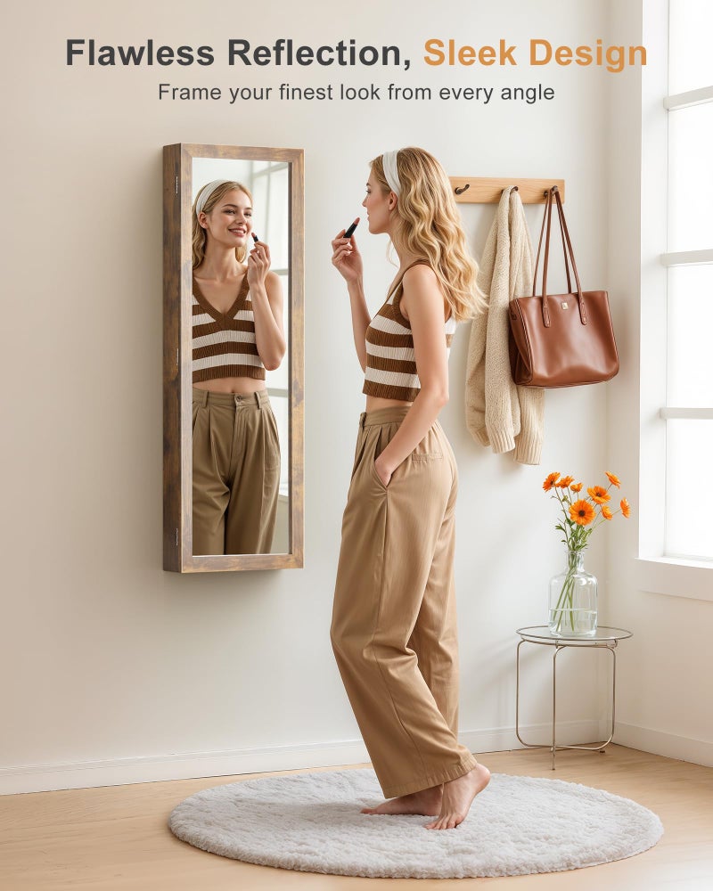 Nicetree 6 LEDs Mirror Jewelry Cabinet with 3 Improvements, 4.2" D Door/Wall Mounted Jewelry Armoire with Full Length Mirror, Larger Capacity, Rustic Brown - Image 2