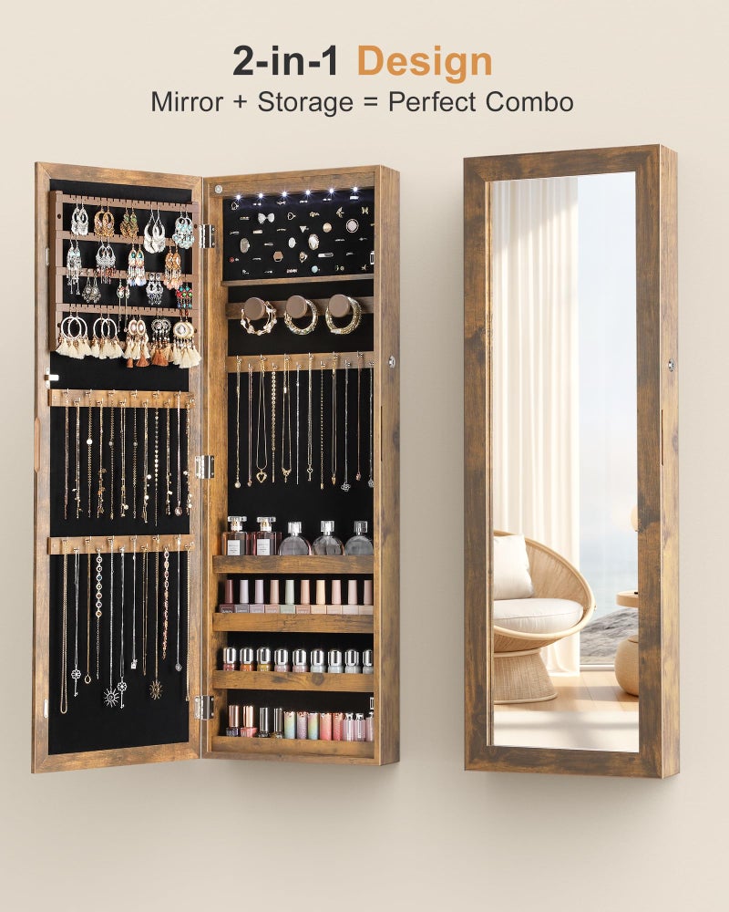 Nicetree 6 LEDs Mirror Jewelry Cabinet with 3 Improvements, 4.2" D Door/Wall Mounted Jewelry Armoire with Full Length Mirror, Larger Capacity, Rustic Brown - Image 4