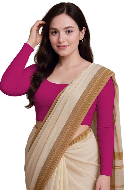 JOVO Readymade Cotton Fitted Saree Blouse for Women Full Sleeve Square Round U Neck Regular fit Stretchable Pullon Western Stylish Crop Top NJ17 1059 M DPK Dark Pink - Image 1