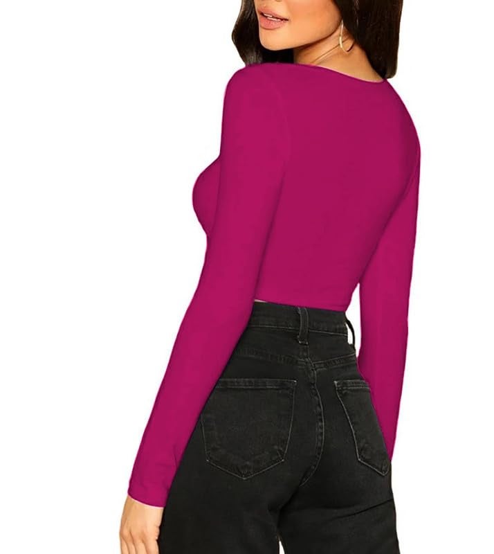 JOVO Readymade Cotton Fitted Saree Blouse for Women Full Sleeve Square Round U Neck Regular fit Stretchable Pullon Western Stylish Crop Top NJ17 1059 M DPK Dark Pink - Image 2