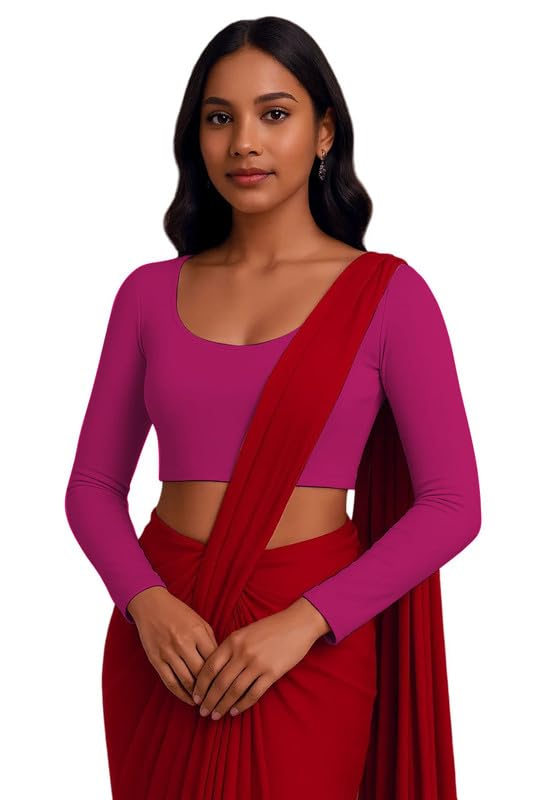 JOVO Readymade Cotton Fitted Saree Blouse for Women Full Sleeve Square Round U Neck Regular fit Stretchable Pullon Western Stylish Crop Top NJ17 1059 M DPK Dark Pink - Image 3