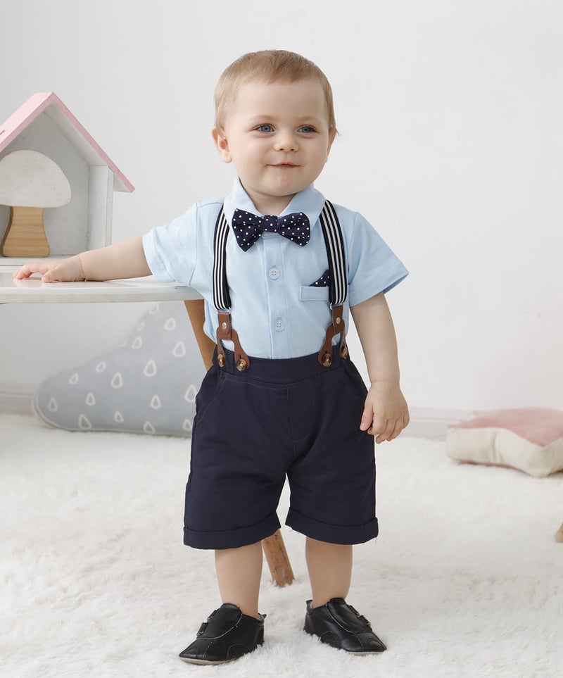 YUEMION Infant Baby Boy Clothes Gentleman Outfits Suits Summer Short Sleeve Bowtie Bodysuit Shirts + Suspender Shorts(Blue,9-12 Months) - Image 2