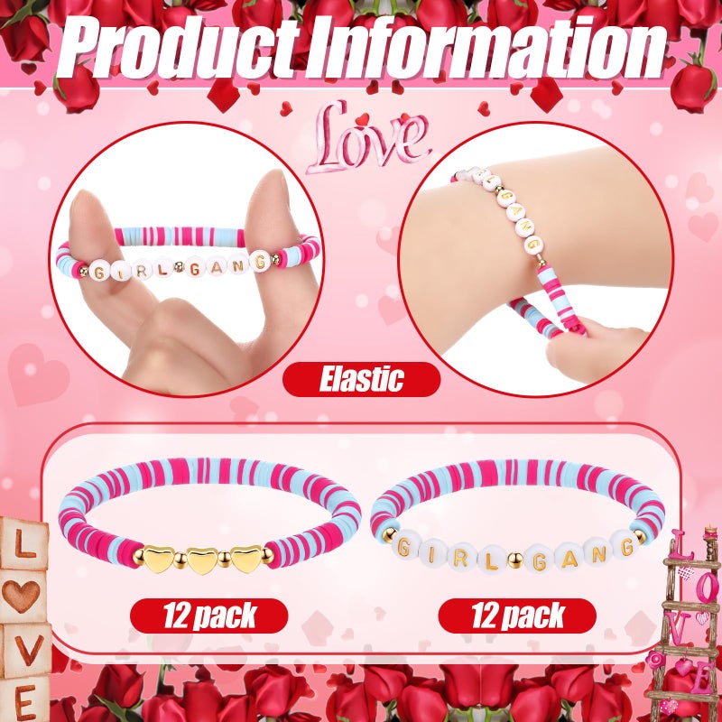 Kigeli 24 Pcs Galentines Day Bracelets Gift Bulk Girl Gang Valentines Gifts Polymer Clay Beaded Galentines Gang Bracelets Valentine Party Favors for Women Sleepover Goodie Bag Stuffers(Pink, Red) - Image 4
