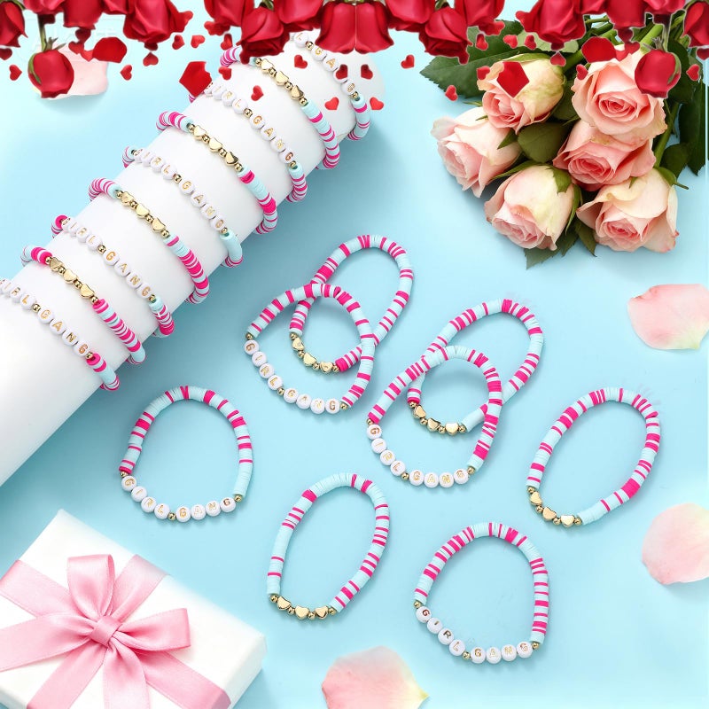 Kigeli 24 Pcs Galentines Day Bracelets Gift Bulk Girl Gang Valentines Gifts Polymer Clay Beaded Galentines Gang Bracelets Valentine Party Favors for Women Sleepover Goodie Bag Stuffers(Pink, Red) - Image 2