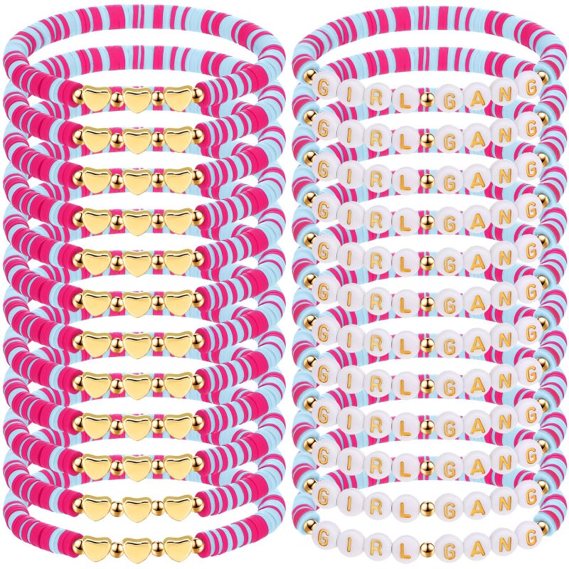 Kigeli 24 Pcs Galentines Day Bracelets Gift Bulk Girl Gang Valentines Gifts Polymer Clay Beaded Galentines Gang Bracelets Valentine Party Favors for Women Sleepover Goodie Bag Stuffers(Pink, Red) - Image 1