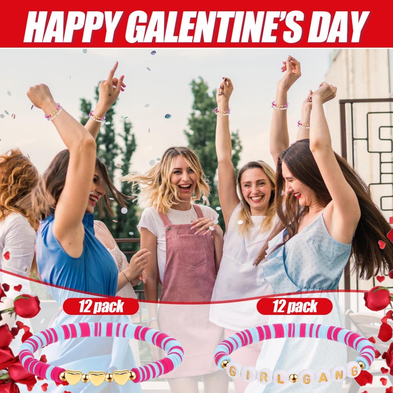 Kigeli 24 Pcs Galentines Day Bracelets Gift Bulk Girl Gang Valentines Gifts Polymer Clay Beaded Galentines Gang Bracelets Valentine Party Favors for Women Sleepover Goodie Bag Stuffers(Pink, Red) - Image 5