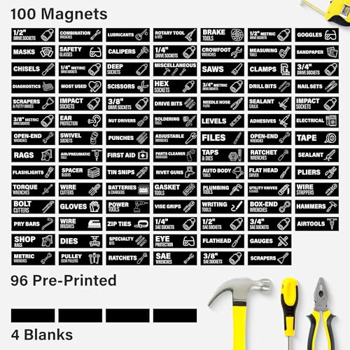 EliteSign 100 Magnetic Tool Box Labels with Icons, Pre-Printed Tool Chest Drawer Markers with 4 Blanks, Lightweight Magnet Tags for Steel Cabinet Organization & Garage Storage, 3 x 1 inch Black - Image 3