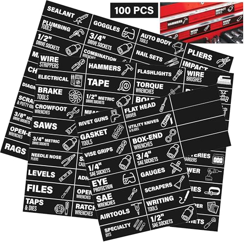 EliteSign 100 Magnetic Tool Box Labels with Icons, Pre-Printed Tool Chest Drawer Markers with 4 Blanks, Lightweight Magnet Tags for Steel Cabinet Organization & Garage Storage, 3 x 1 inch Black - Image 1