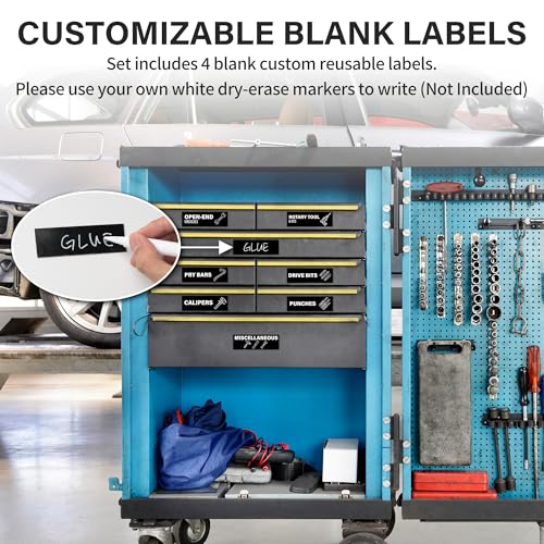 EliteSign 100 Magnetic Tool Box Labels with Icons, Pre-Printed Tool Chest Drawer Markers with 4 Blanks, Lightweight Magnet Tags for Steel Cabinet Organization & Garage Storage, 3 x 1 inch Black - Image 4