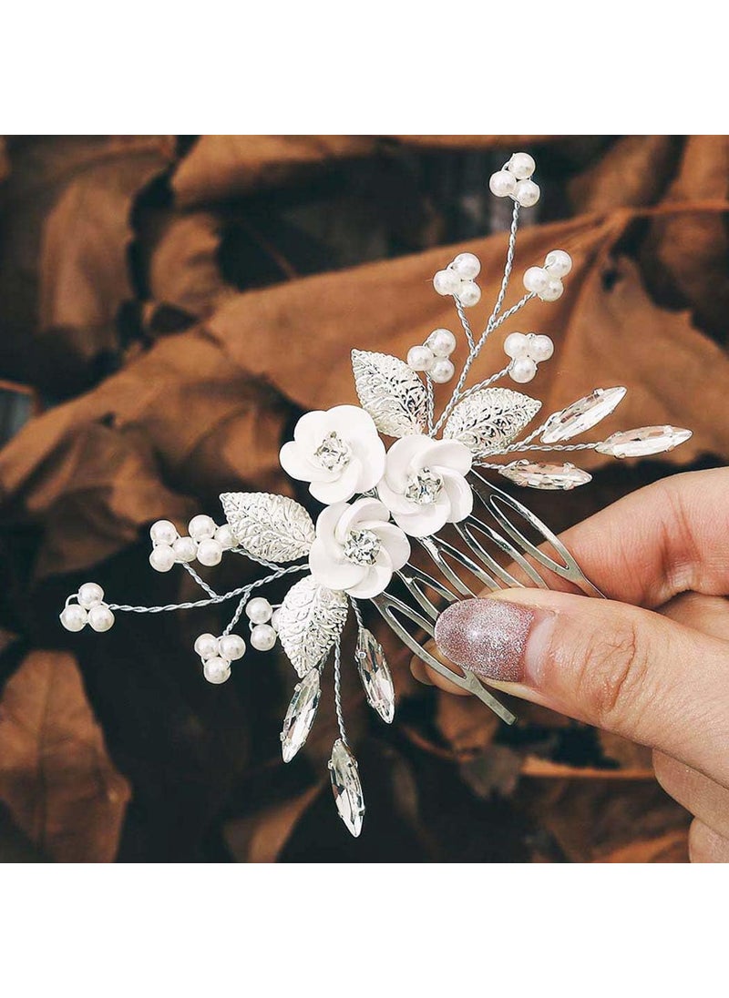 Latious - Latious Flower Bride Wedding Hair Comb Leaf Bridal Side Comb Sparkly Crystal Hair Piece Pearl Hair Accessorie for Women and Girls Silver - Image 1