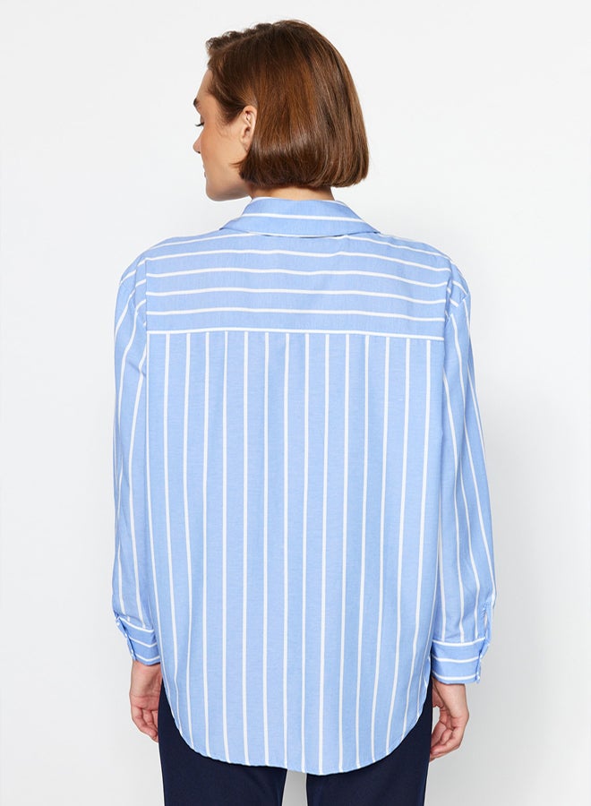 trendyol Blue Striped Pocketed Oversize/Wide Fit Woven Shirt - Image 5