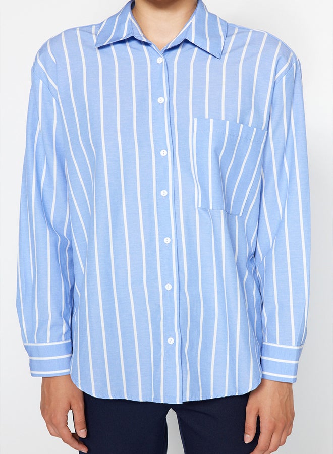 trendyol Blue Striped Pocketed Oversize/Wide Fit Woven Shirt - Image 4