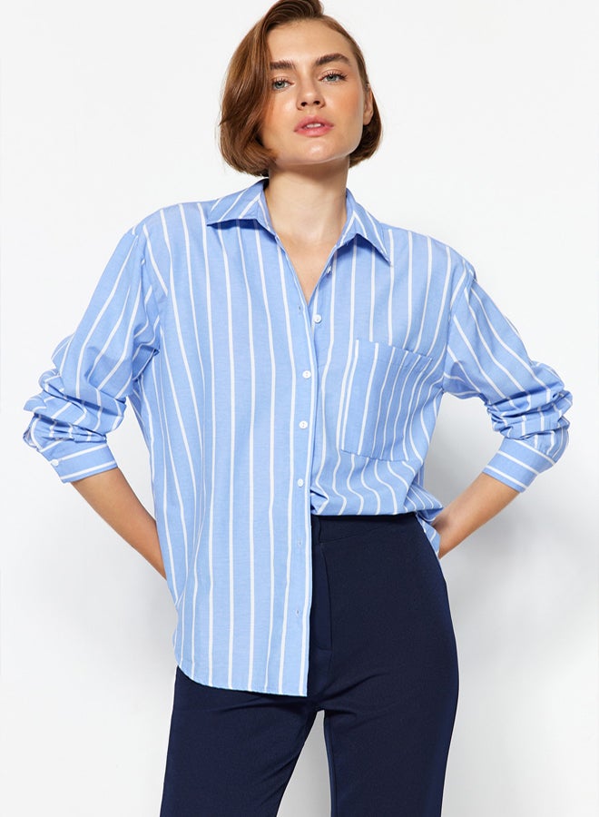 trendyol Blue Striped Pocketed Oversize/Wide Fit Woven Shirt - Image 1
