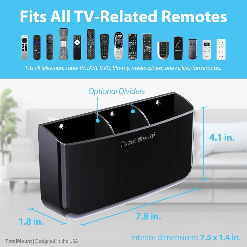 TotalMount Hole-Free Remote Holder – Eliminates Need to Drill Holes in Your Wall (Premium Black Holder for 3 or 4 Remotes) - Image 3