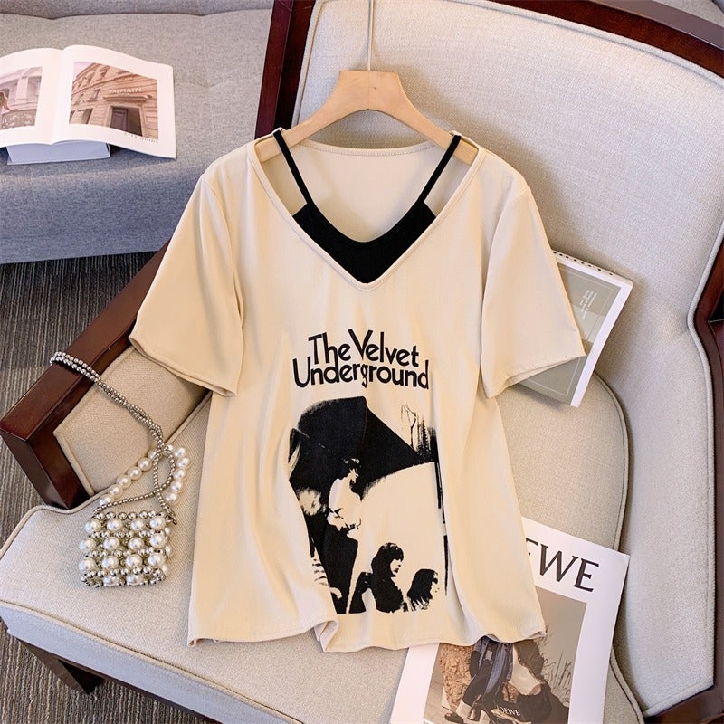 Plus Size Women's Short Sleeve Letter Print Layered T-Shirt - Image 1