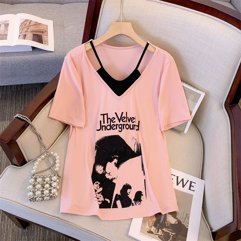 Plus Size Women's Short Sleeve Letter Print Layered T-Shirt - Image 2