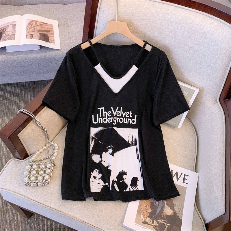 Plus Size Women's Short Sleeve Letter Print Layered T-Shirt - Image 3