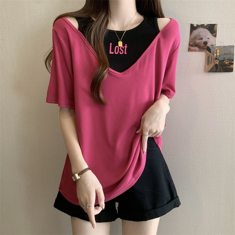 Plus Size Women's Short Sleeve Letter Print Layered T-Shirt - Image 4