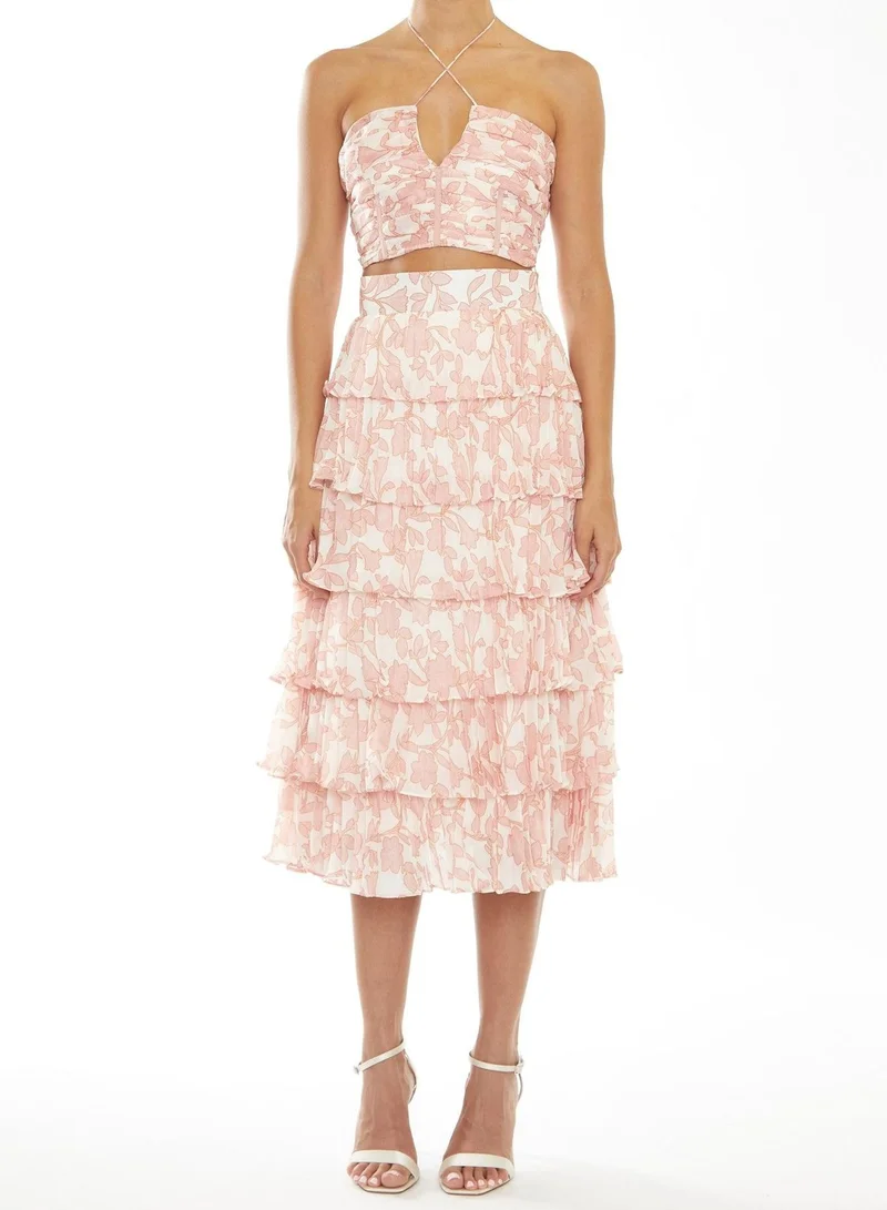 ترو ديكادينس Nora Co-Ord Cream-Pink Outline Flower Tiered Pleated Midi Skirt