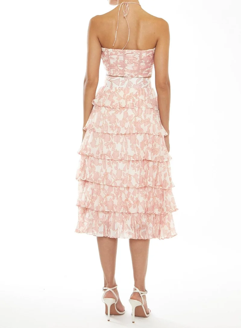 ترو ديكادينس Nora Co-Ord Cream-Pink Outline Flower Tiered Pleated Midi Skirt