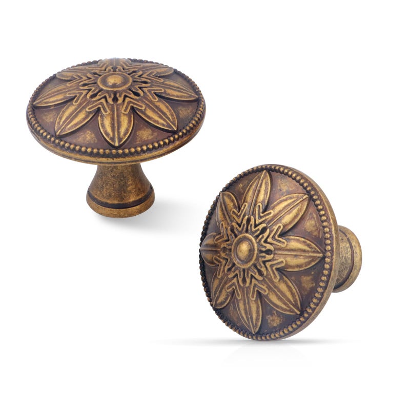 Xlroaafs 4 Pack Antique Brass Cabinet Knobs Vintage Dresser Knobs Drawer Knobs14 Round Vintage Kitchen Cabinet Knobs Handles for Cabinets and Dresser Drawers Rustic