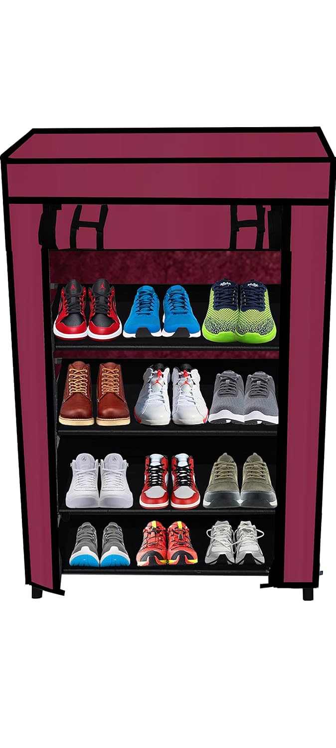SANAMSTORE 4 Layer Collapsible Fabric Wardrobe Organizer for Clothes DIYMaroon - Image 1