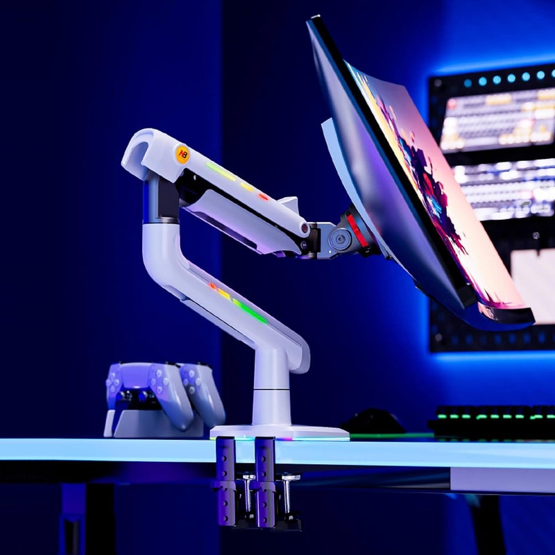NB ERGONOMIC NB Gaming Monitor Arm or for 32 to 60 Inches Screen, Load up to 20 kg, VESA 75/100, RGB-Light, Heavy Duty, Multi Angle Adjustable, Premium Aluminum, White - Image 2