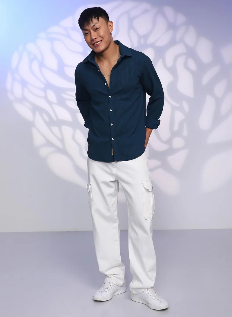 CAHOOT  Men's Aegean Blue Stripe-Creased Shirt for Men | Best Price UAE