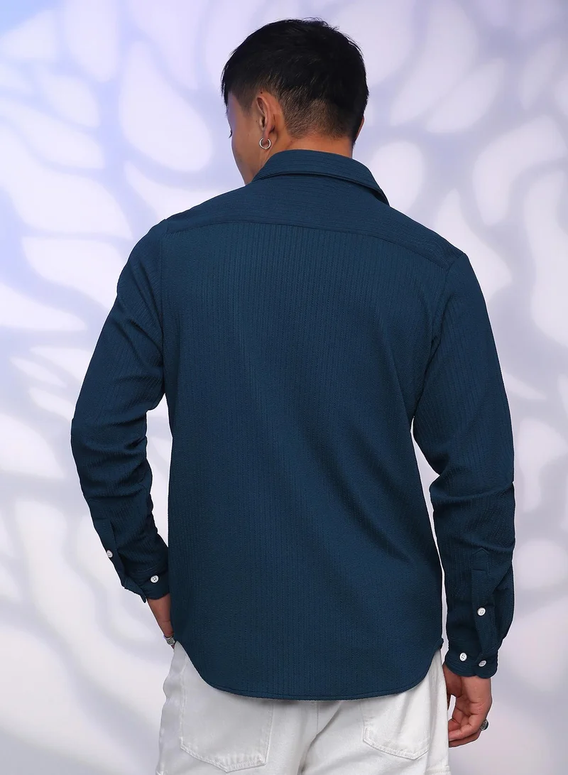 CAHOOT  Men's Aegean Blue Stripe-Creased Shirt for Men | Best Price UAE
