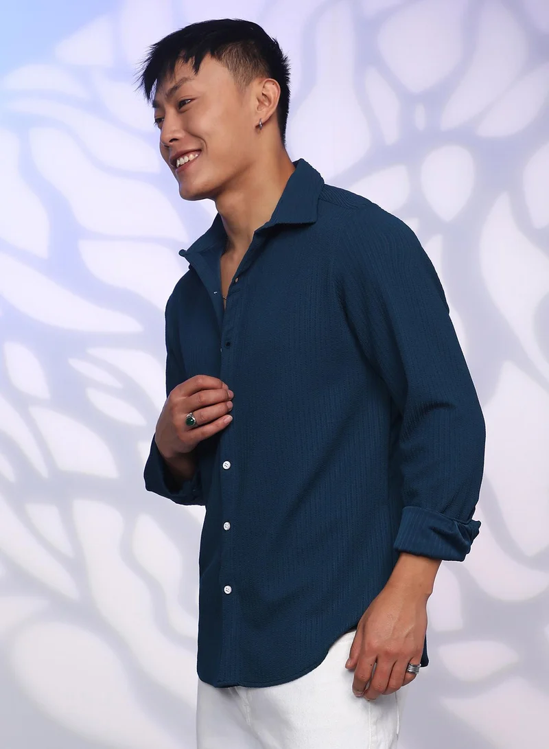CAHOOT  Men's Aegean Blue Stripe-Creased Shirt for Men | Best Price UAE